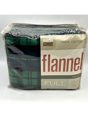 Martha Stewart Everyday Flannel Sheet Set Full Green Blue Plaid Vintage 2003